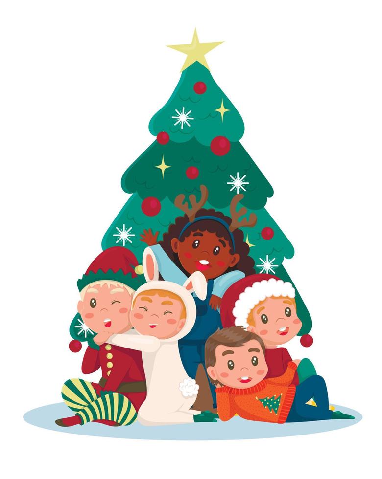 un grupo de niños posando cerca del árbol de navidad con disfraces de duende, venado, liebre, conejo y santa claus. cartel, pancarta, fiesta de navidad, nochevieja. vector