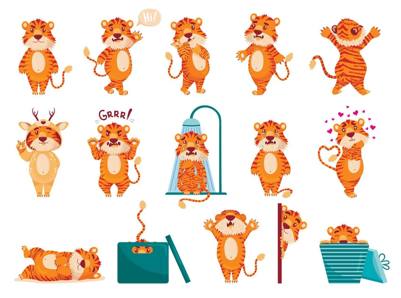 Big set of cartoon cute chinese tigers stickers. different emotions. on white background vector