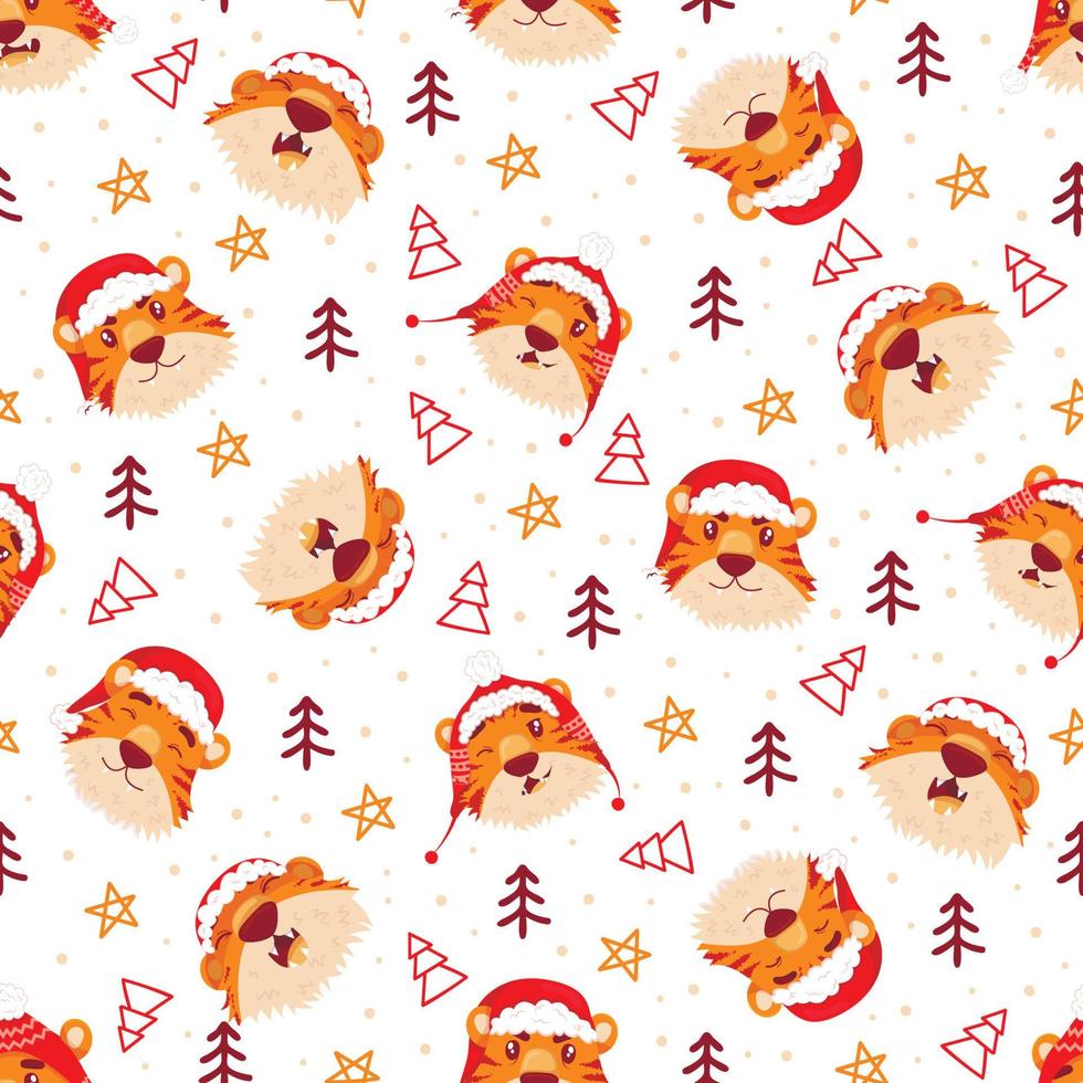 seamless pattern with Christmas chinese tigers. New Year symbol. flat cartoon style. different emotions and postures vector