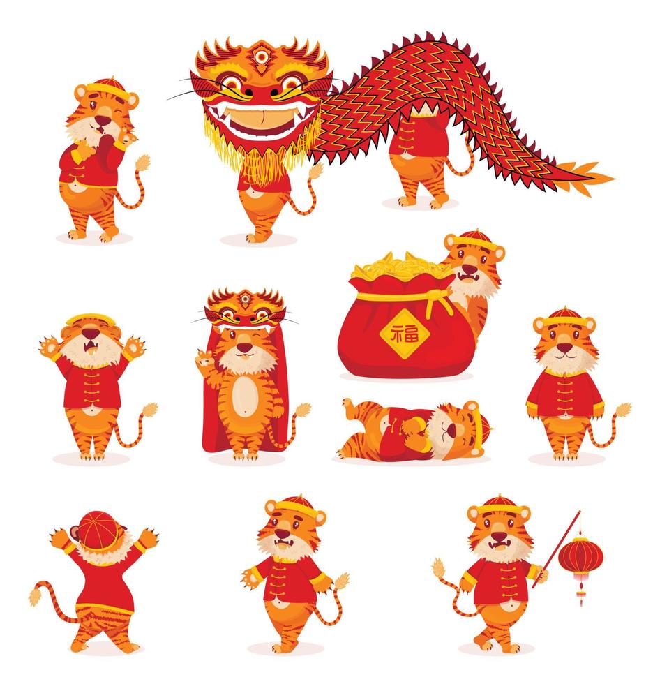 Set of red Chinese tigers in New Year's costumes with lanterns and dragons in cartoon style. Symbol 2022 vector