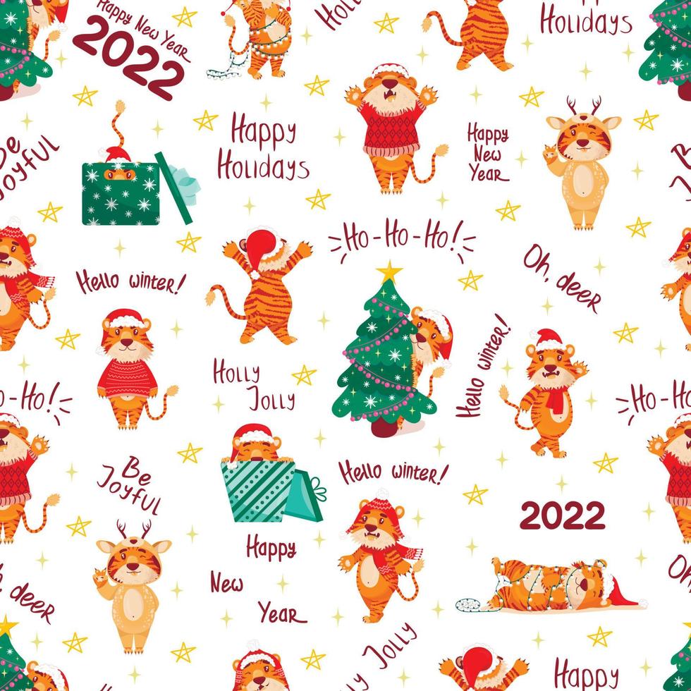 seamless pattern with Christmas chinese tigers. New Year symbol. flat cartoon style. different emotions and postures vector