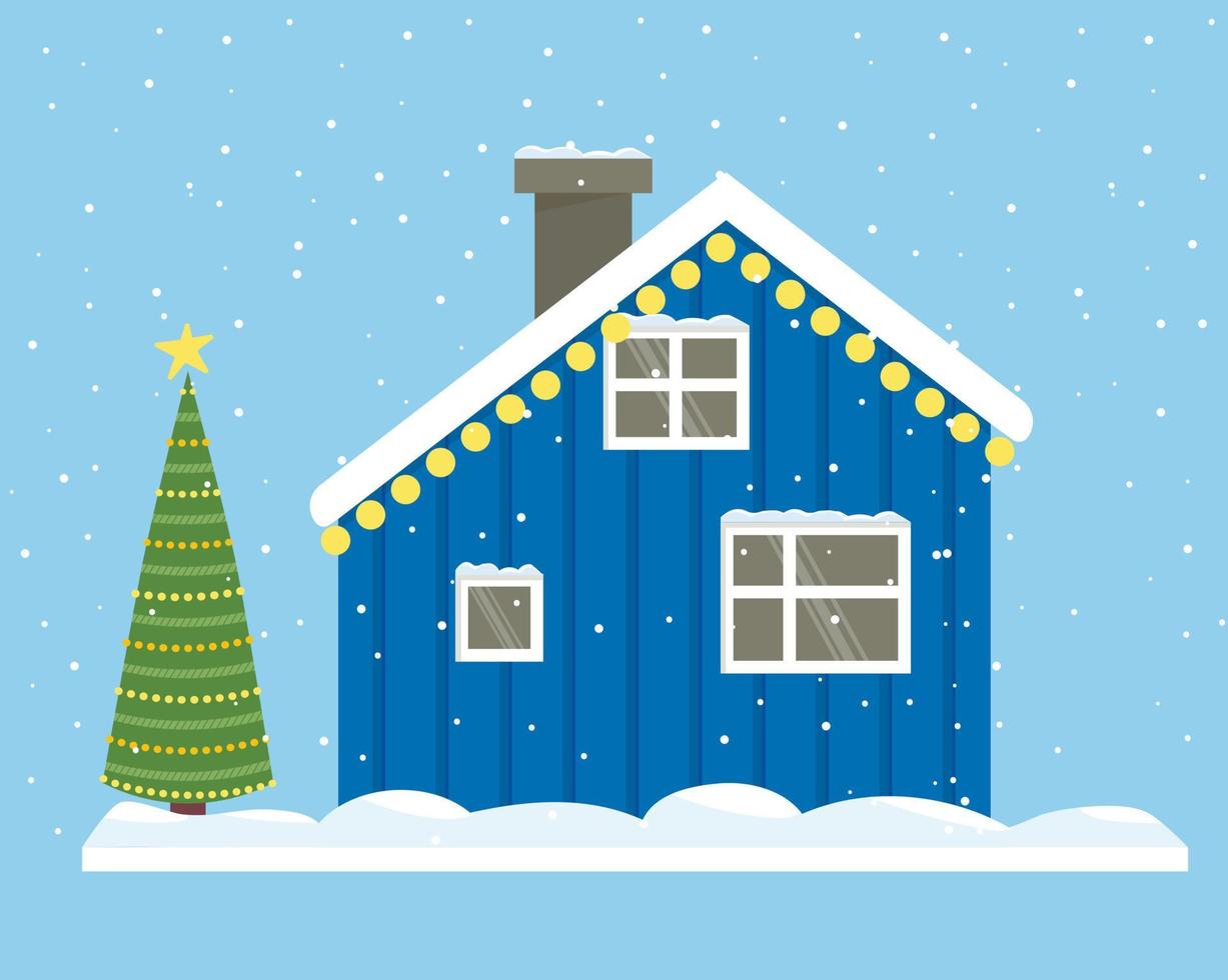 Blue house. home of Greenland, Iceland, North Pole, Holland. Snow-covered roof and windows, New Year's exterior. christmas tree in the yard vector
