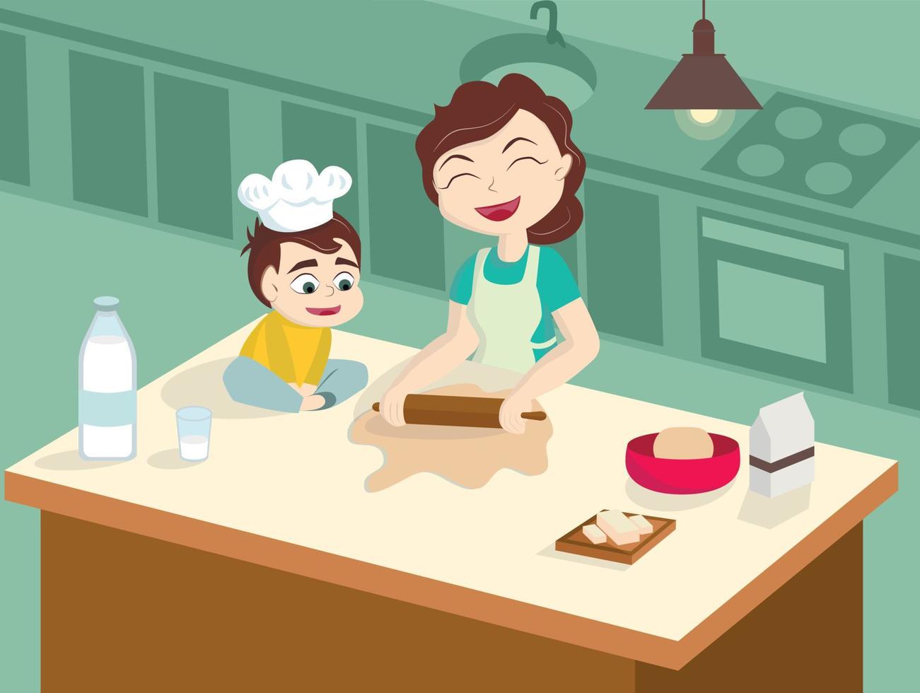 mamá e hijo cocinan juntos vector