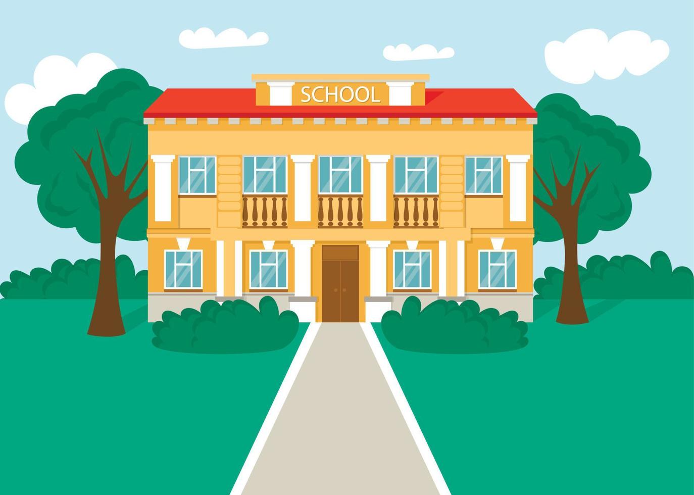 American or European school building with trees and shrubs. Urban landscape with a house facade with windows and doors. In flat cartoon vector style. Children education.