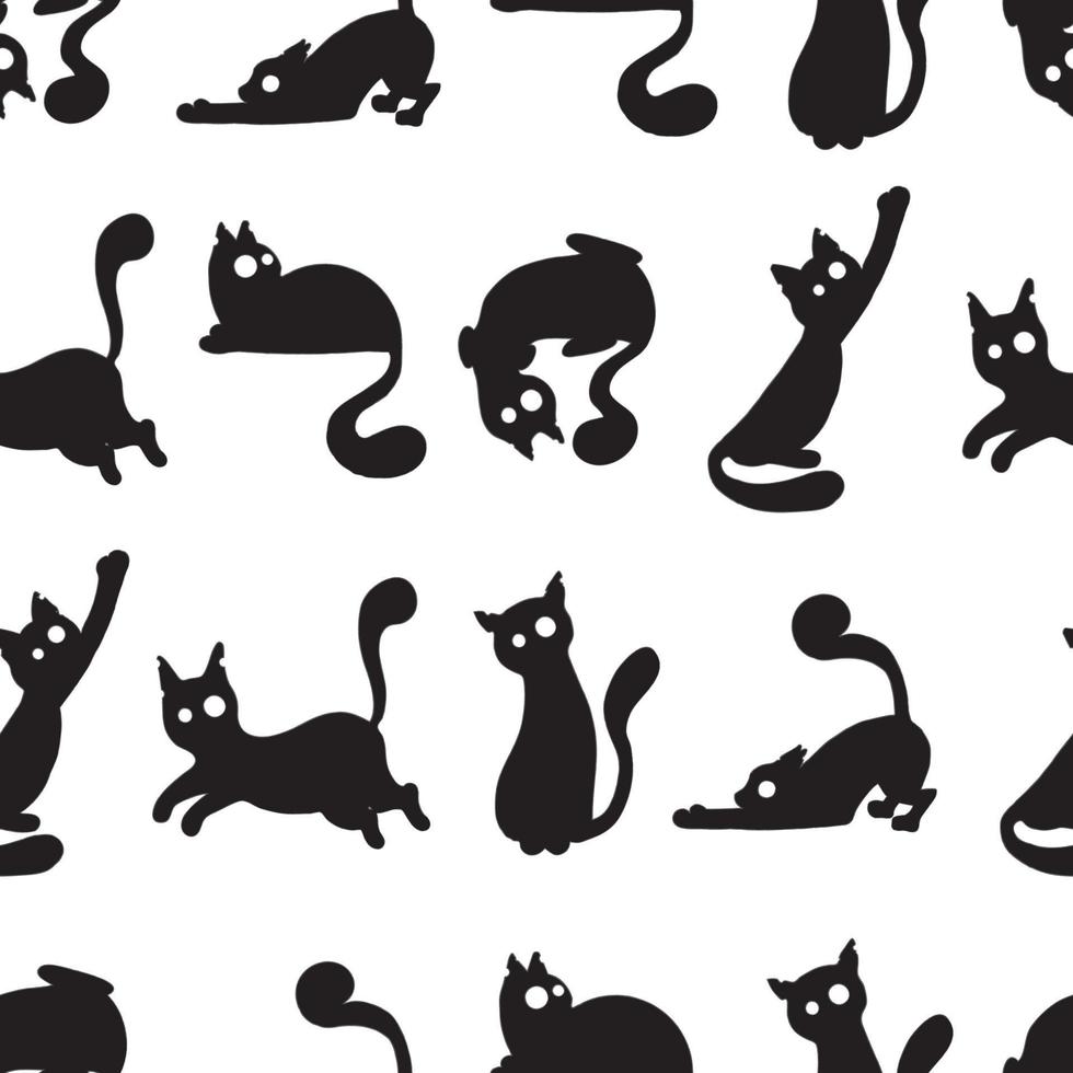 siluetas en blanco y negro de patrones sin fisuras de divertidos gatos lindos en diferentes poses con ojos grandes sobre un fondo blanco. decoración de textiles para halloween. estilo de dibujos animados plano simple. vector