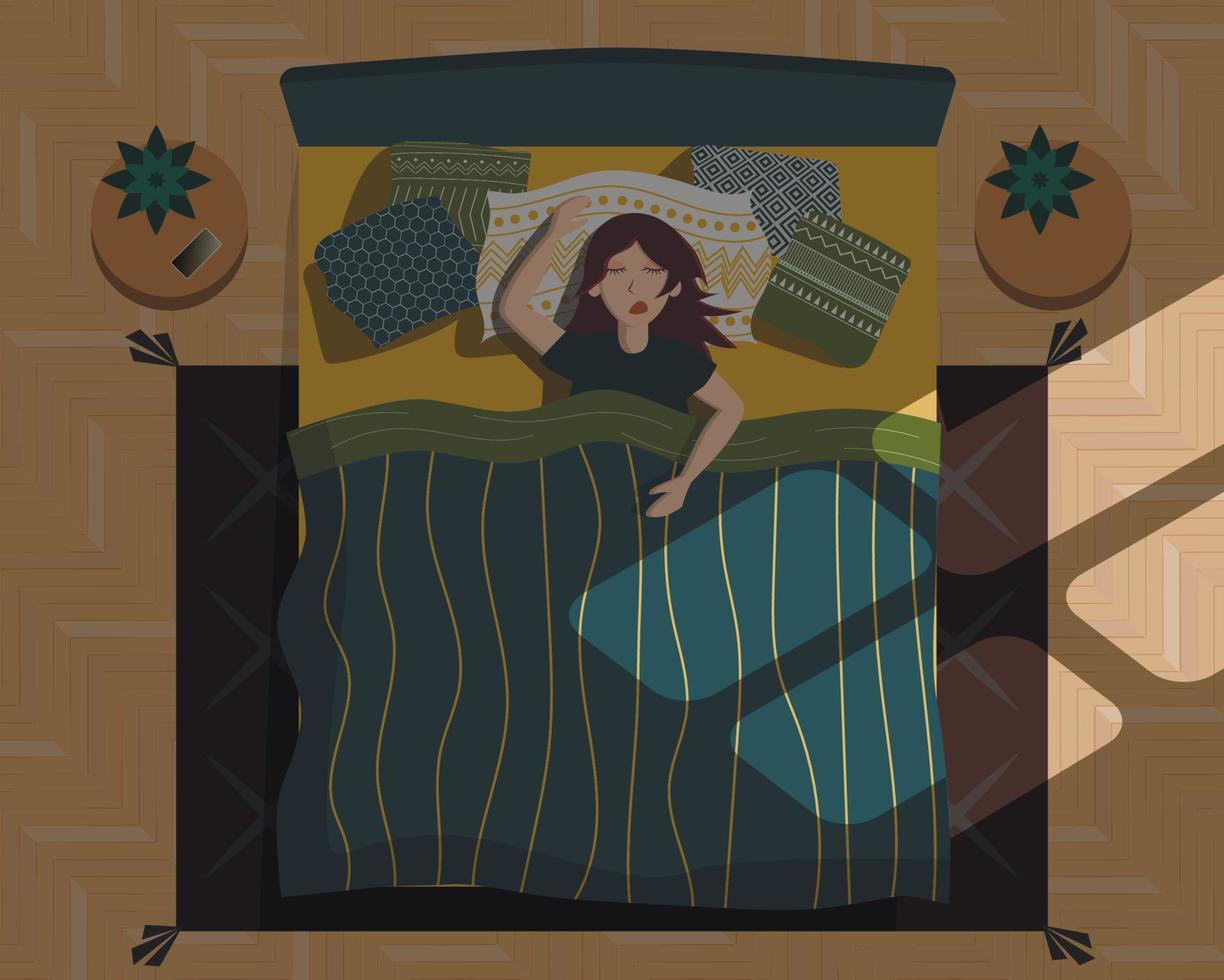 vector ilustración aislada mujer durmiendo sobre su espalda cómodamente. sueño saludable, estilo plano, ritmo circadiano, biorritmo, relajación. vista superior del dormitorio. cama, alfombra, mesitas de noche. luz de la ventana