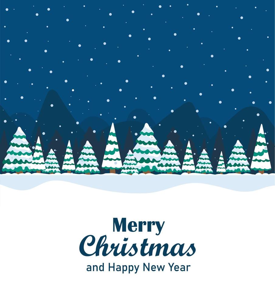 Greeting card with the inscription Merry Christmas and Happy New Year and a winter night landscape in the forest with mountains and snowy Christmas trees. vector