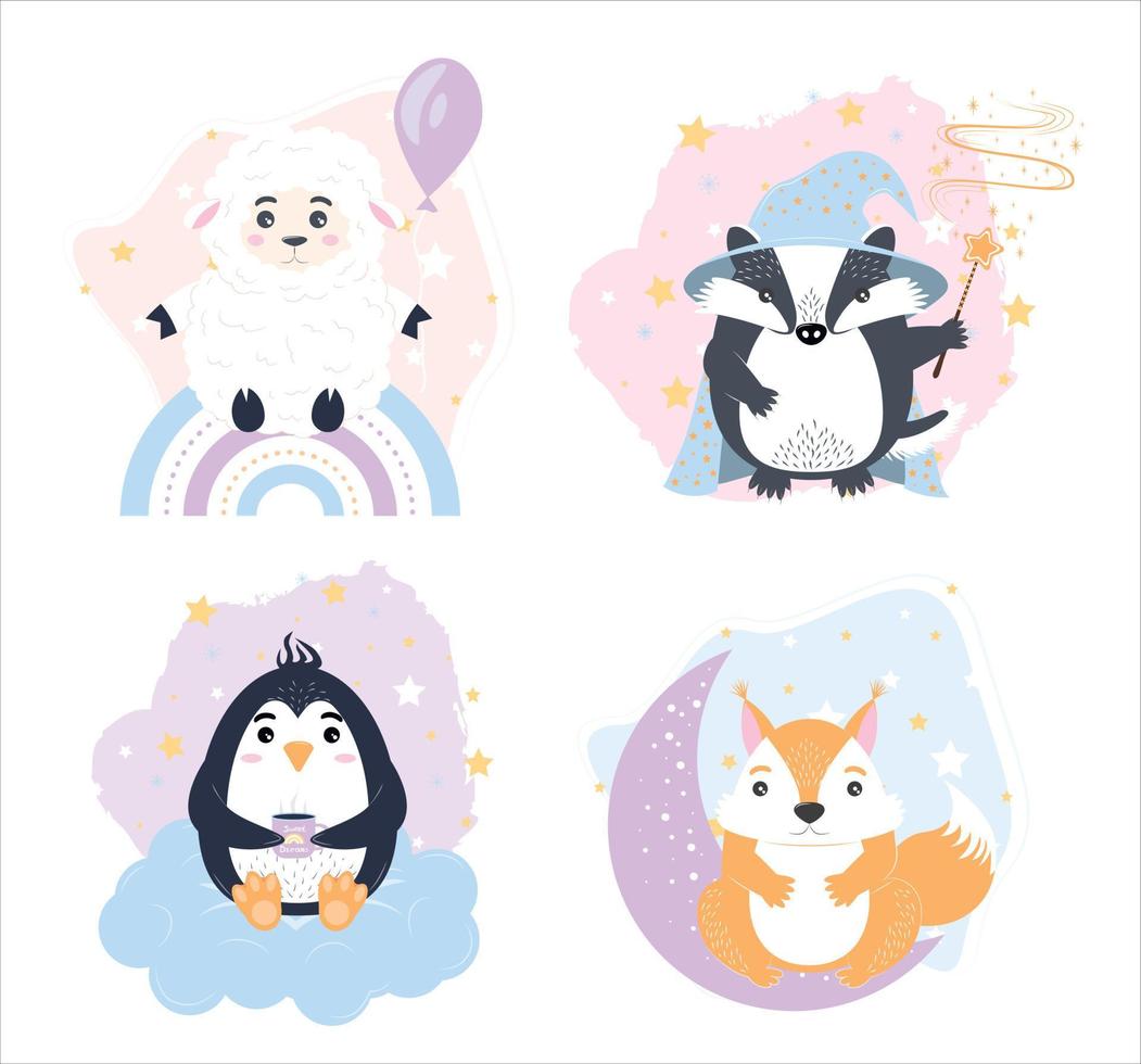 Set of four vector cute animals for nursery. Penguin on a cloud, squirrel on the moon, sheep on a rainbow, wizard badger in cartoon flat style. pastel colors, decor for the nursery.