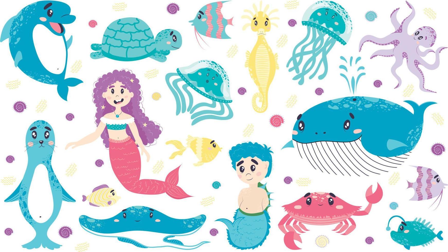 conjunto de criaturas marinas, sirena, tritón, ballena, delfín, medusa, pez, foca, caballito de mar, tortuga, pulpo, cangrejo, raya. estilo plano de dibujos animados, mundo submarino, sala de niños vector