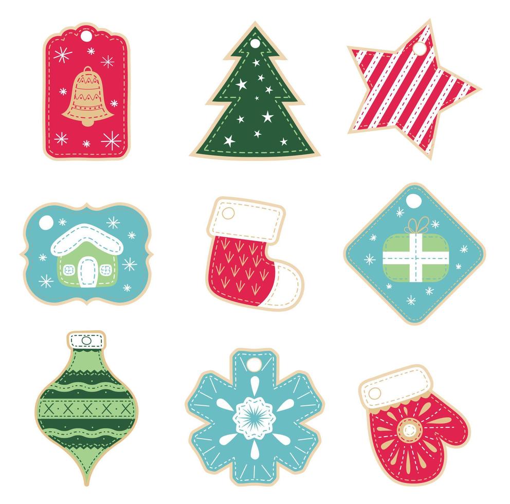 Christmas tags cute collection. Labels in the form of a snowflake, a Christmas tree, a boot, a toy, a sock, a mitten, a frame with a gift, a bell, a gingerbread house in the form of a felt patch vector