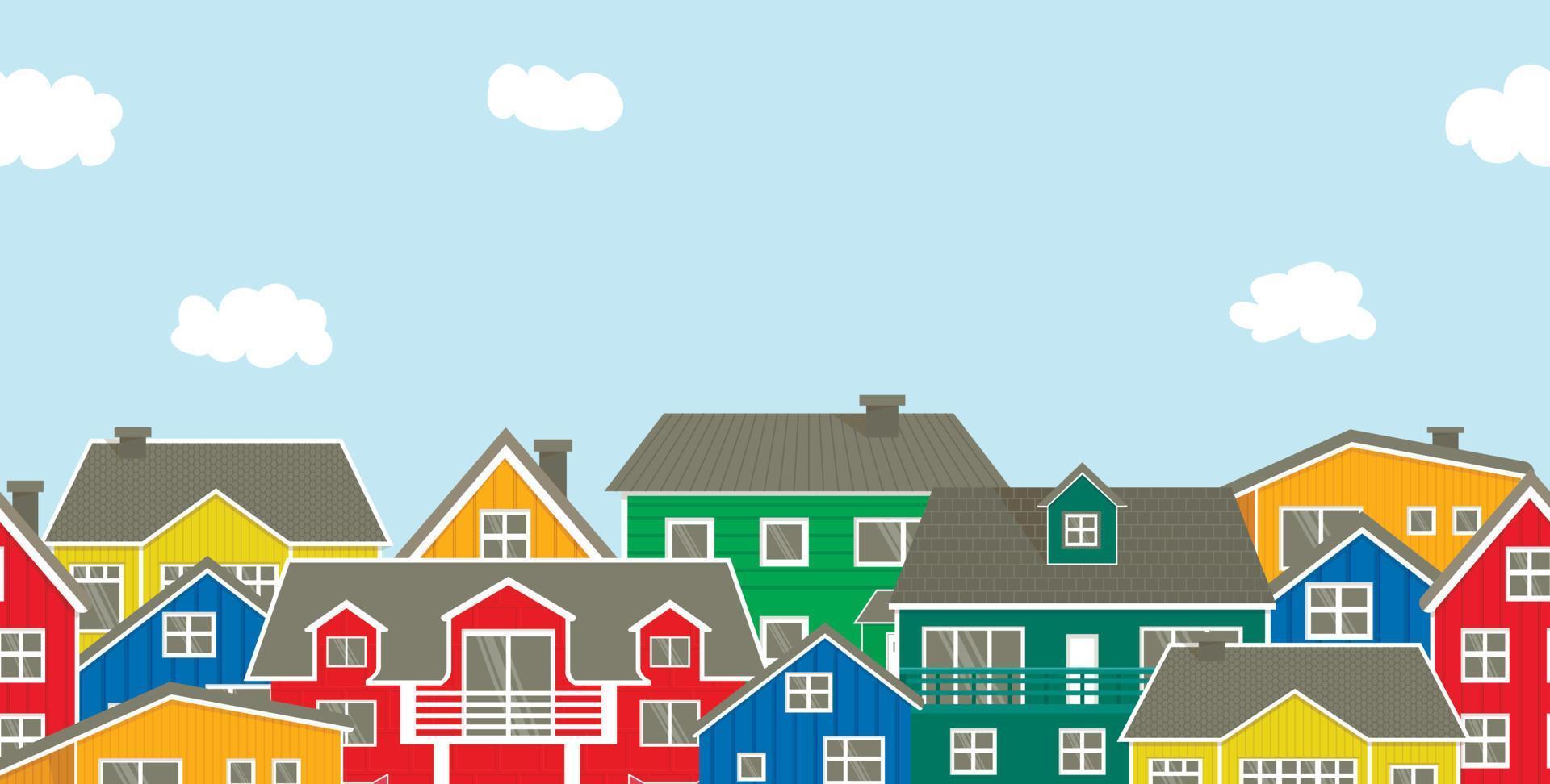 Seamless border of European village simple houses. Beautiful multicolored elements in Norway. An example of Scandinavian rural architecture. Rustic background vector