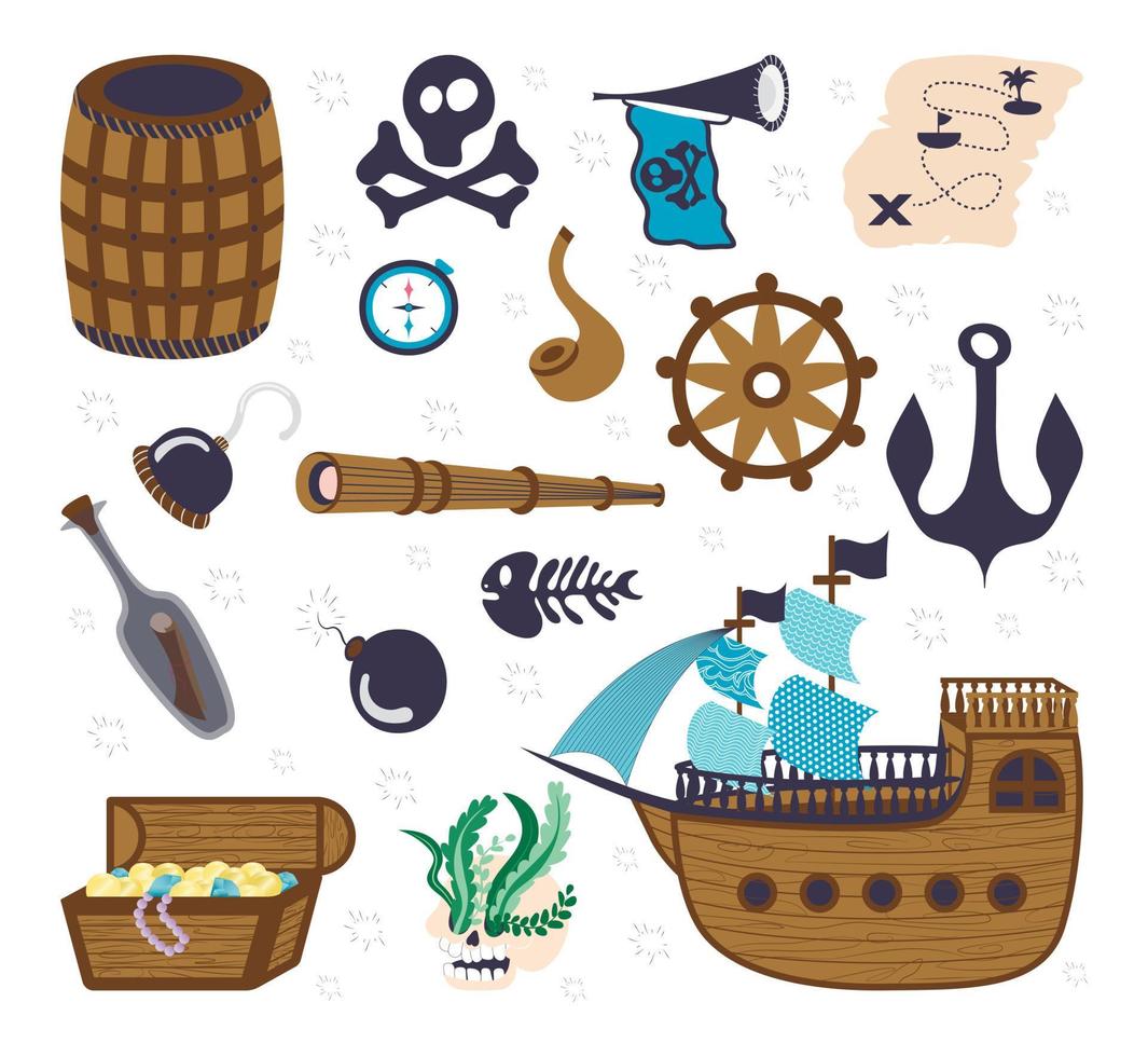 A set of pirate items, a ship, a pirate girl and a boy, a parrot in a bandana, a monkey, a skull with bones, a fish skeleton, a telescope, a compass, a steering wheel, a hook, a bomb, a smoking pipe, vector