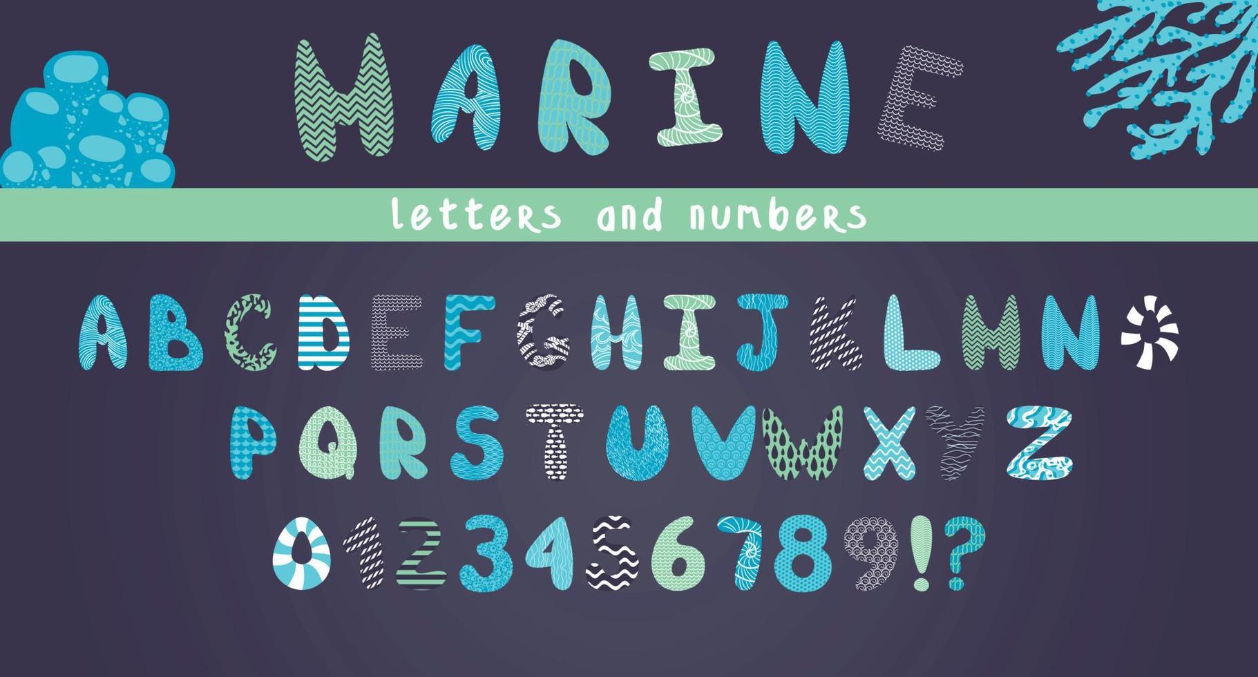 Vector funny comic marine alphabet and numbers on a blue background in cartoon style. Bright modern illustrations for kids, nursery, poster, postcard, birthday, wrapping paper design, baby t-shirts.