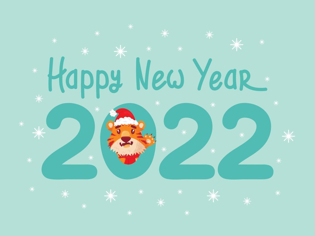 tarjeta de felicitación con la inscripción feliz año nuevo 2022 con un tigre lindo, el símbolo del año nuevo chino. estilo plano. tigre con gorro de Papá Noel agitando la mano vector