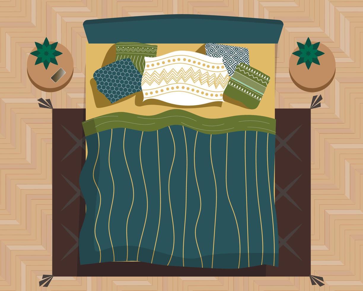 Bedroom top view. Herringbone parquet, yellow-green-blue interior. Pillows with Scandinavian patterns. bedside tables with flowers in pots. striped bedspread blanket, dark carpet. modern, scandi, boho vector