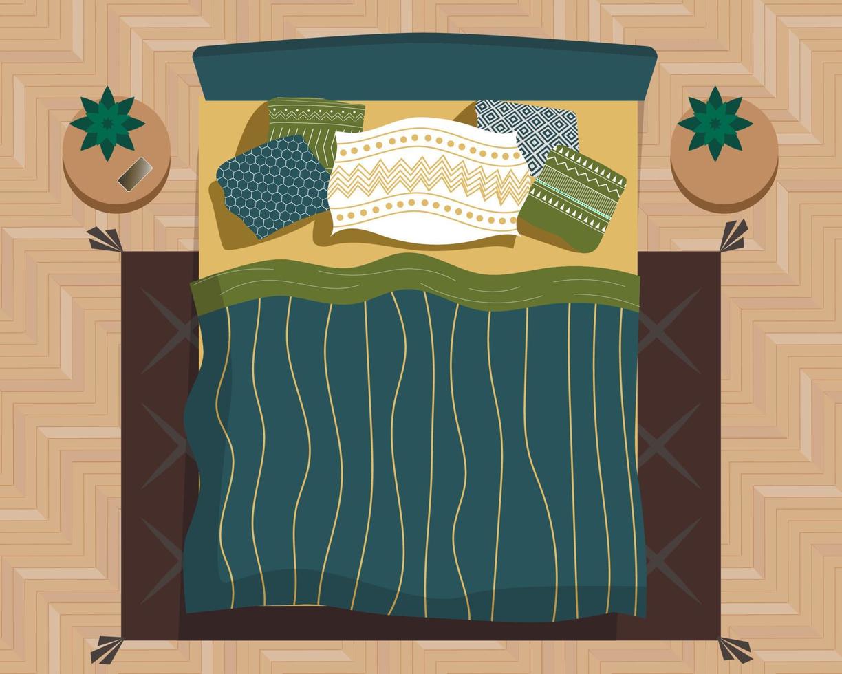 vista superior del dormitorio. parquet en espiga, interior amarillo-verde-azul. almohadas con motivos escandinavos. Mesitas de noche con flores en macetas. manta de colcha a rayas, alfombra oscura. moderno, escandinavo, boho vector