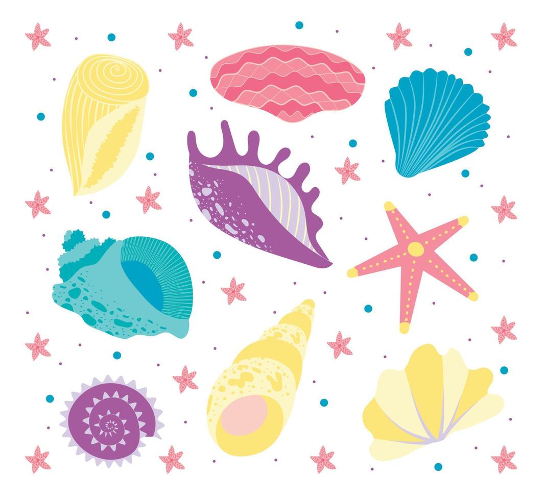 Set of sea ocean shells. Pastel colors, purple, yellow, turquoise, blue, pink. Beach, vacation, rest. cartoon flat style, kids room vector