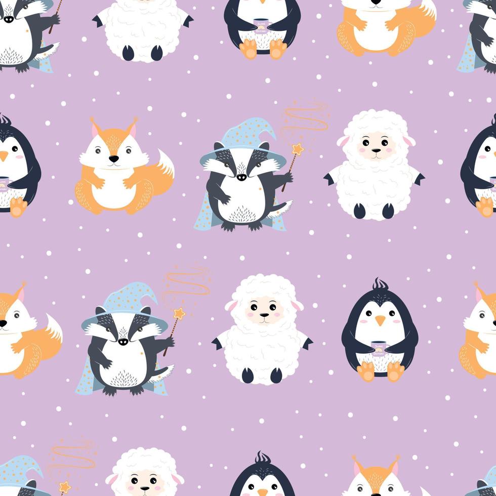 seamless pattern on a purple background with cartoon animals vector