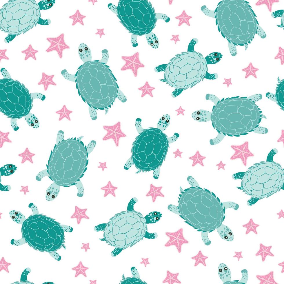 patrón de verano adorable sin fisuras. colores pastel de tortuga y estrella de mar. vector