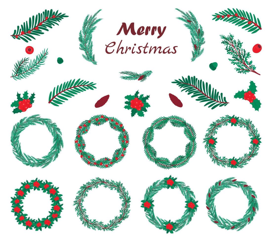 Christmas wreath with berries and cones, fir branches and inscriptions. Set of elements for winter design postcards. vector