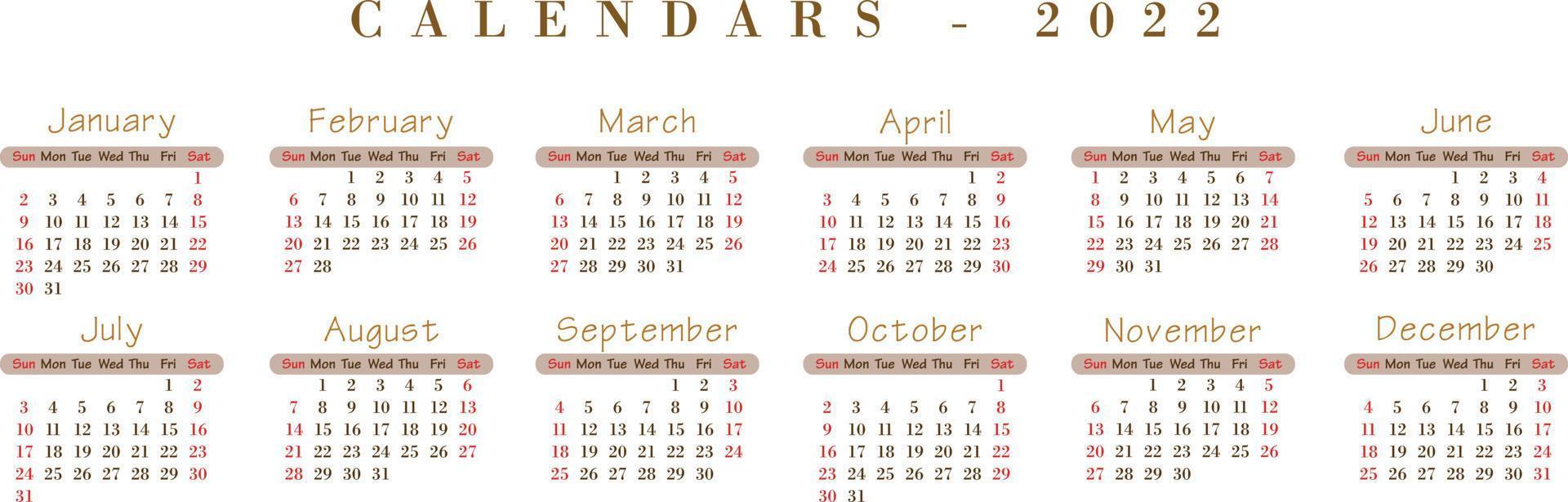 Simple editable vector calendars for year 2022. Isolated vector illustration on white background