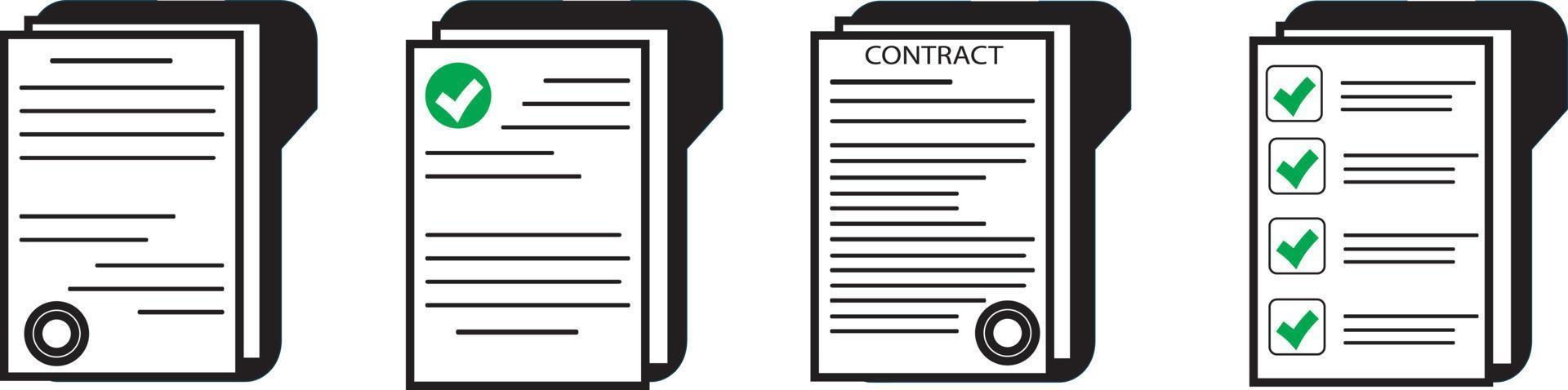 icono de firma de contrato o documento. conjunto de símbolos de documento. condiciones del contrato, aprobación de la investigación. diseño aislado de los iconos del vector del documento. iconos de estilo plano set.vecor