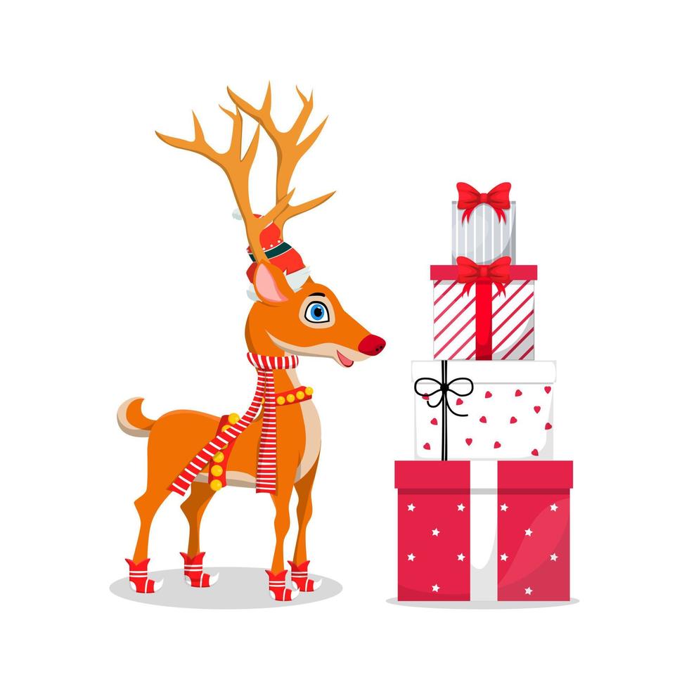 Cute beautiful Christmas reindeer character standing with gift boxes isolated vector