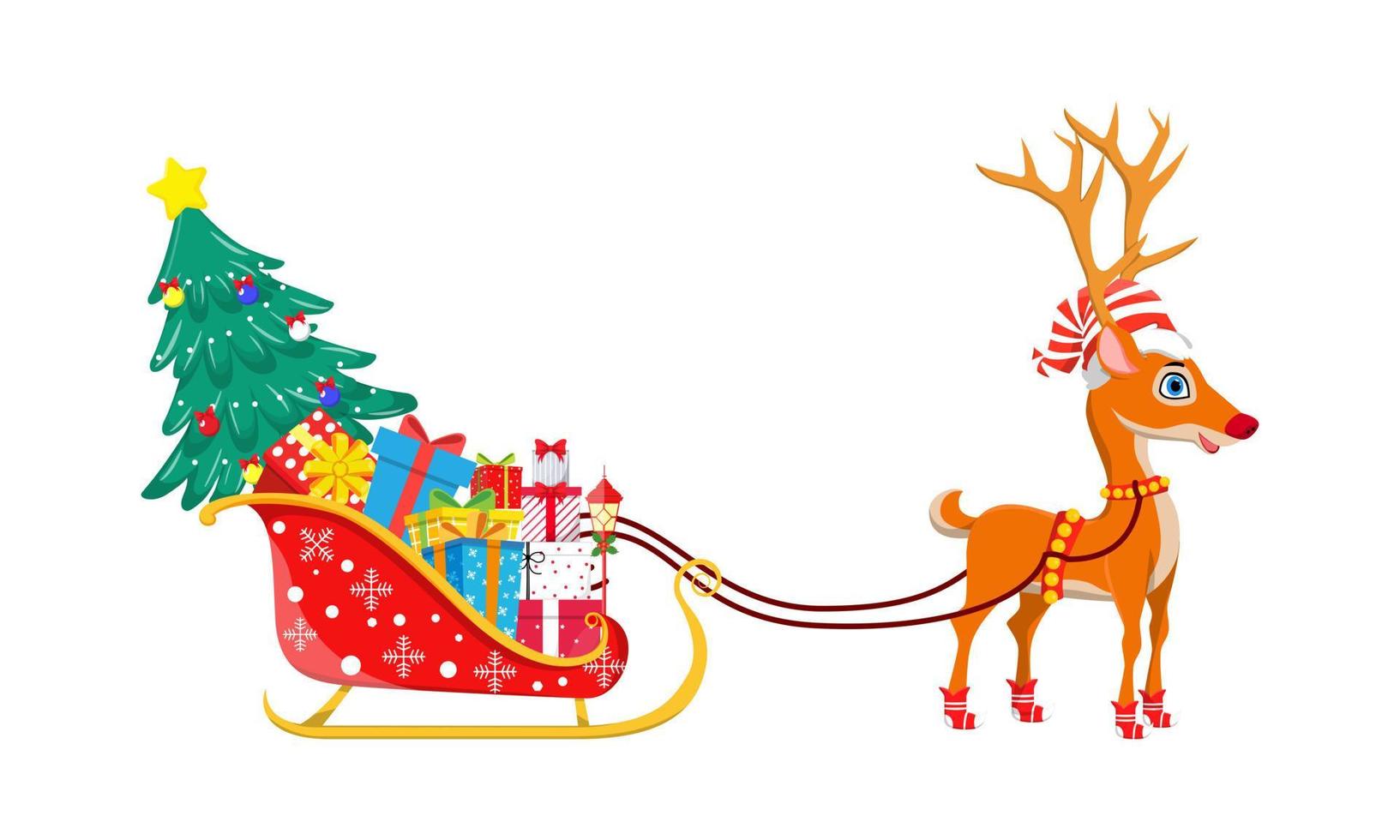 Beautiful Santa Clause sleigh standing with reindeer on white background with full of gift boxes and Christmas tree isolated vector