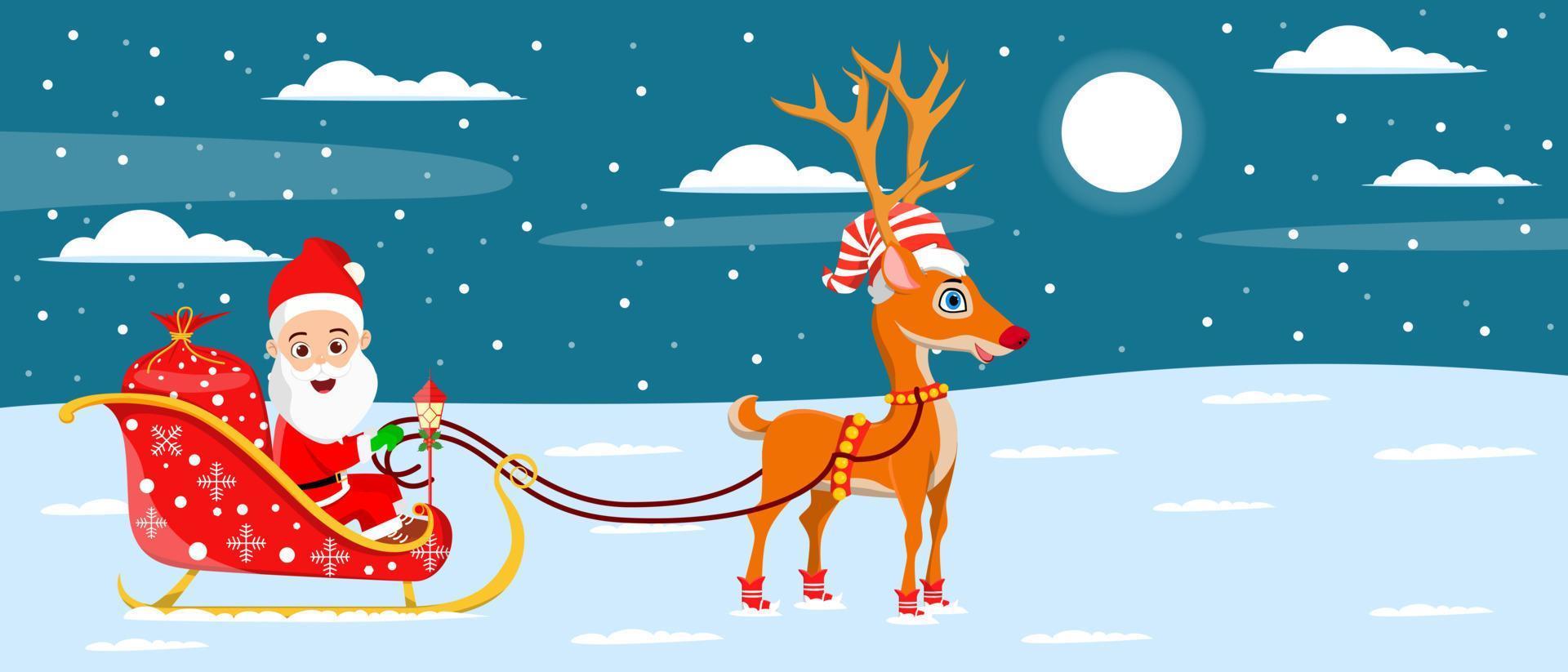 Beautiful Santa Clause character with  sleigh standing with reindeer on snow field in night background snow falling vector