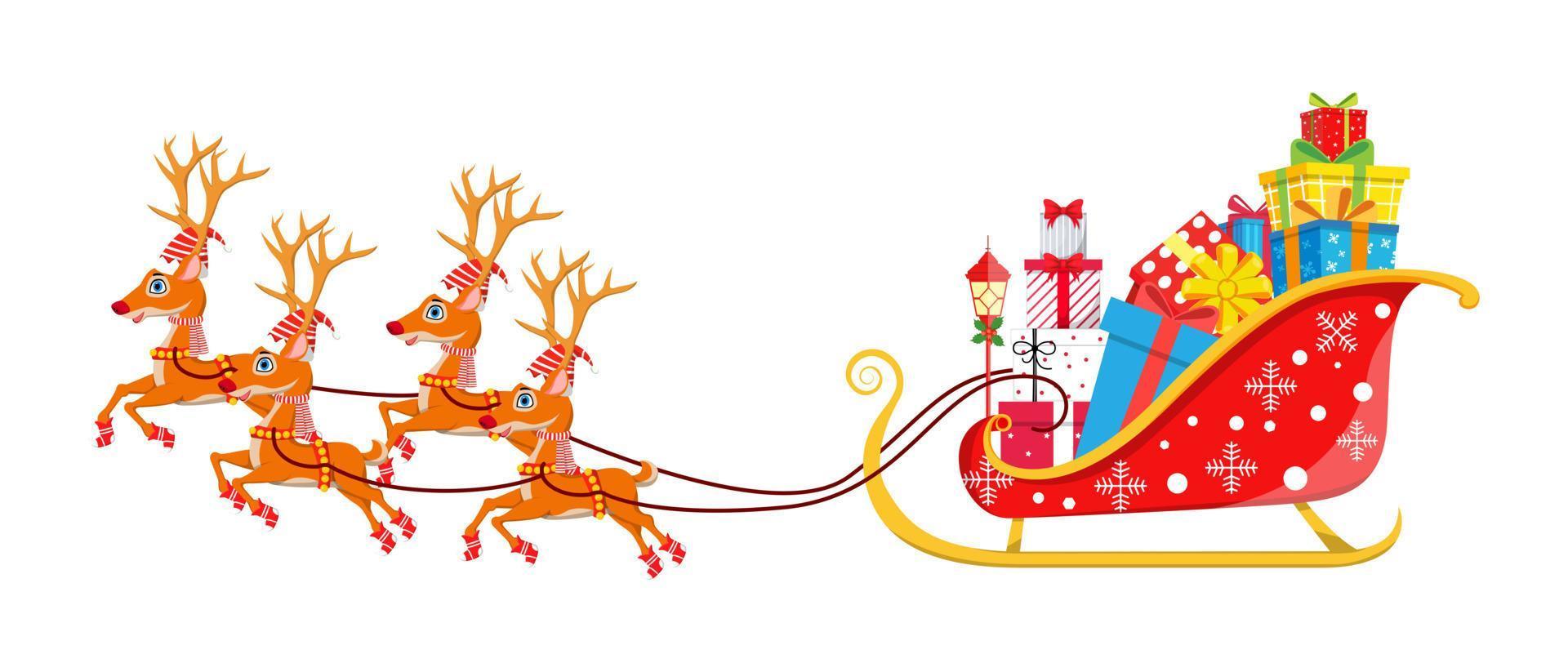 Beautiful Santa Clause sleigh running with reindeer on white background with full of gift boxes isolated vector