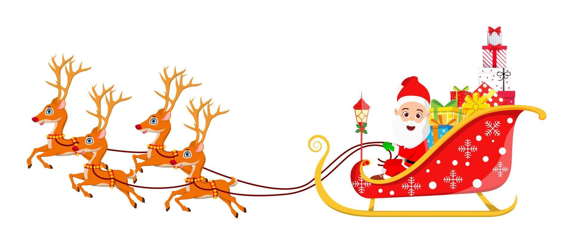 Beautiful Santa Clause sleigh running with reindeer on white background with gift boxes isolated vector