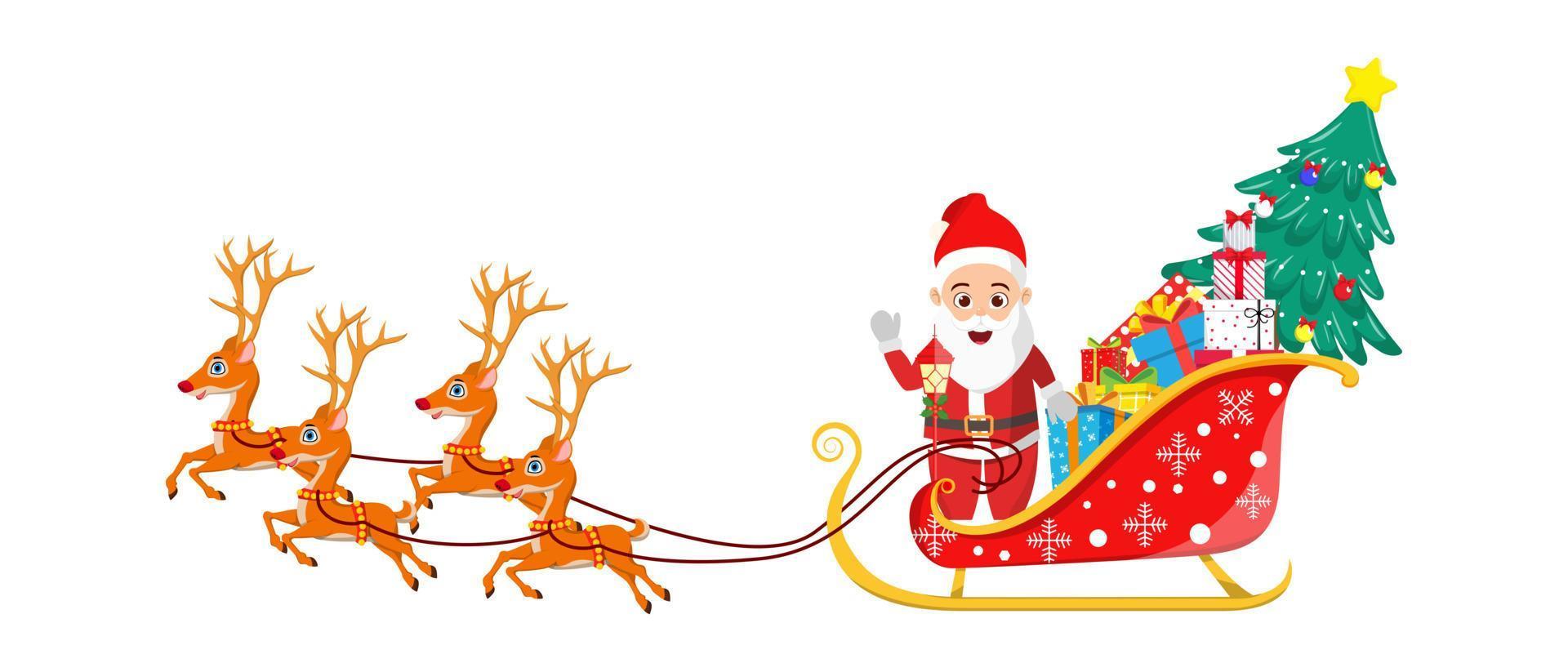 Beautiful Santa Clause character standing and  sleigh running with reindeer on white background with full of gift boxes vector