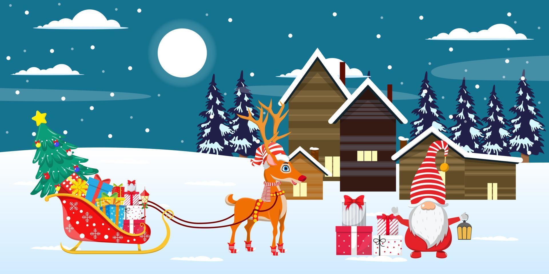 Cute beautiful Santa Clause sleigh standing with reindeer on snow field on front of houses night background with moon trees night sky snow falling with gift boxes vector