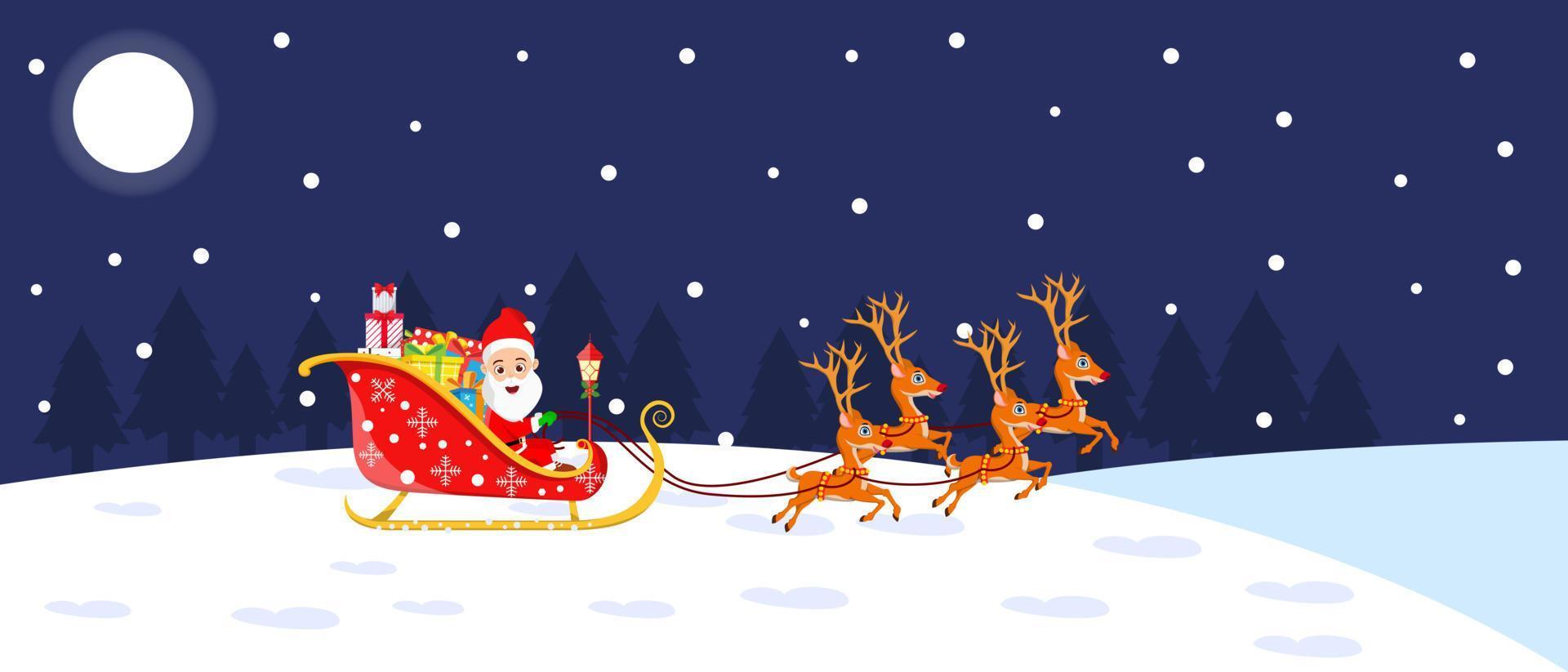 Cute beautiful Santa Clause sleigh running with reindeer on snow field night background with moon trees night sky snow falling with gift boxes isolated vector