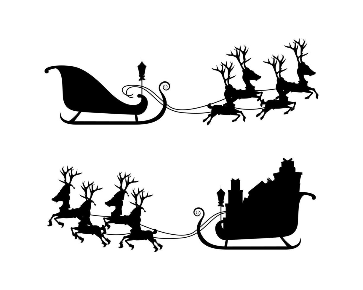 Cute beautiful Santa Clause empty and full of gift boxes sleigh running with reindeer black color Silhouette vector