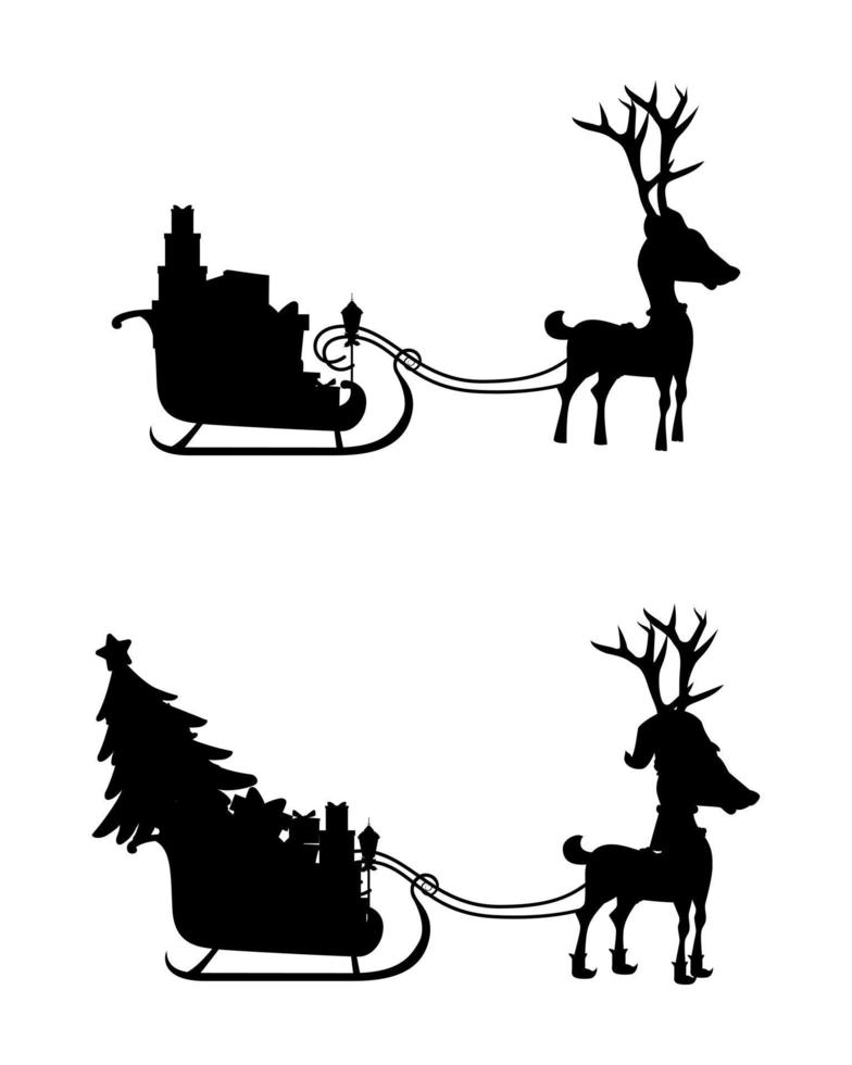 Cute beautiful Santa Clause sleigh standing with reindeer with Christmas tree and gift boxes black color Silhouette vector