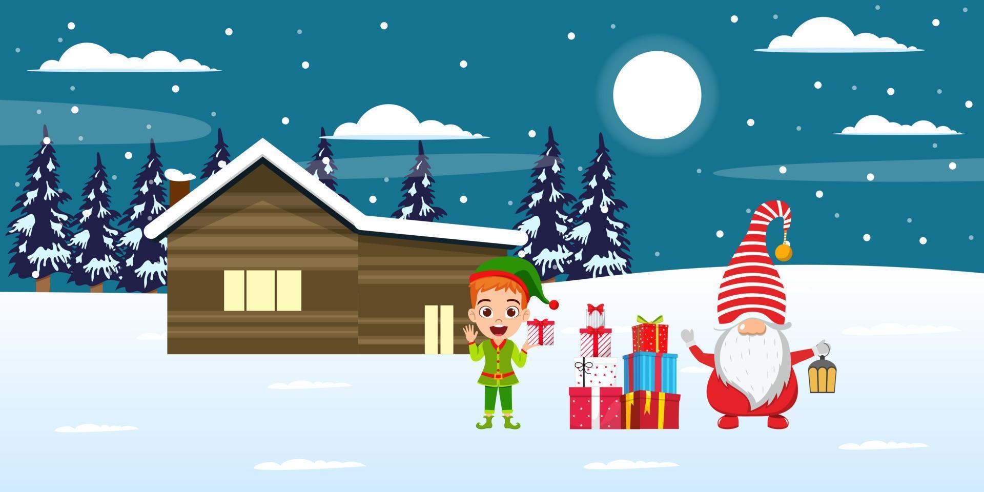 Cute beautiful kid boy and Santa Clause characters standing on snow field on front of houses night background with moon trees night sky snow falling with gift boxes and waving vector