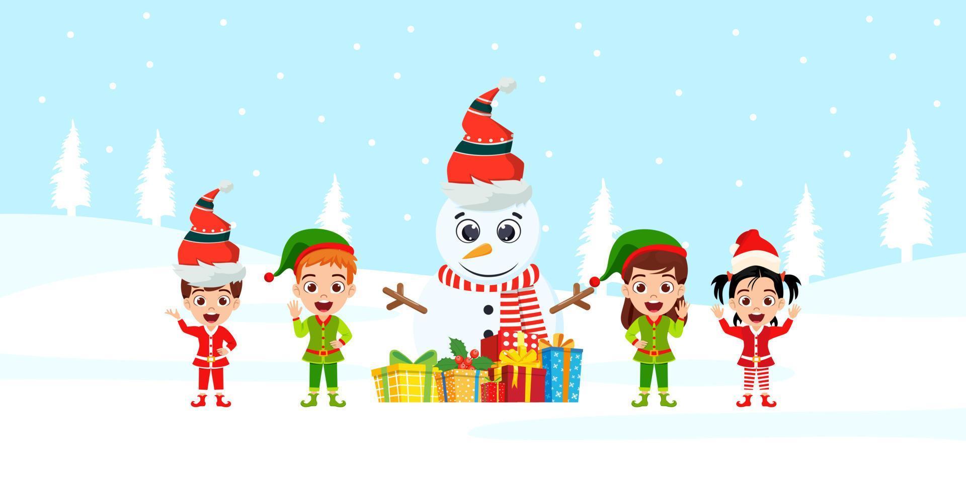 Cute beautiful kid boy and girl character and snowman character standing on snow field snow falling wearing Christmas outfit and with gift boxes vector