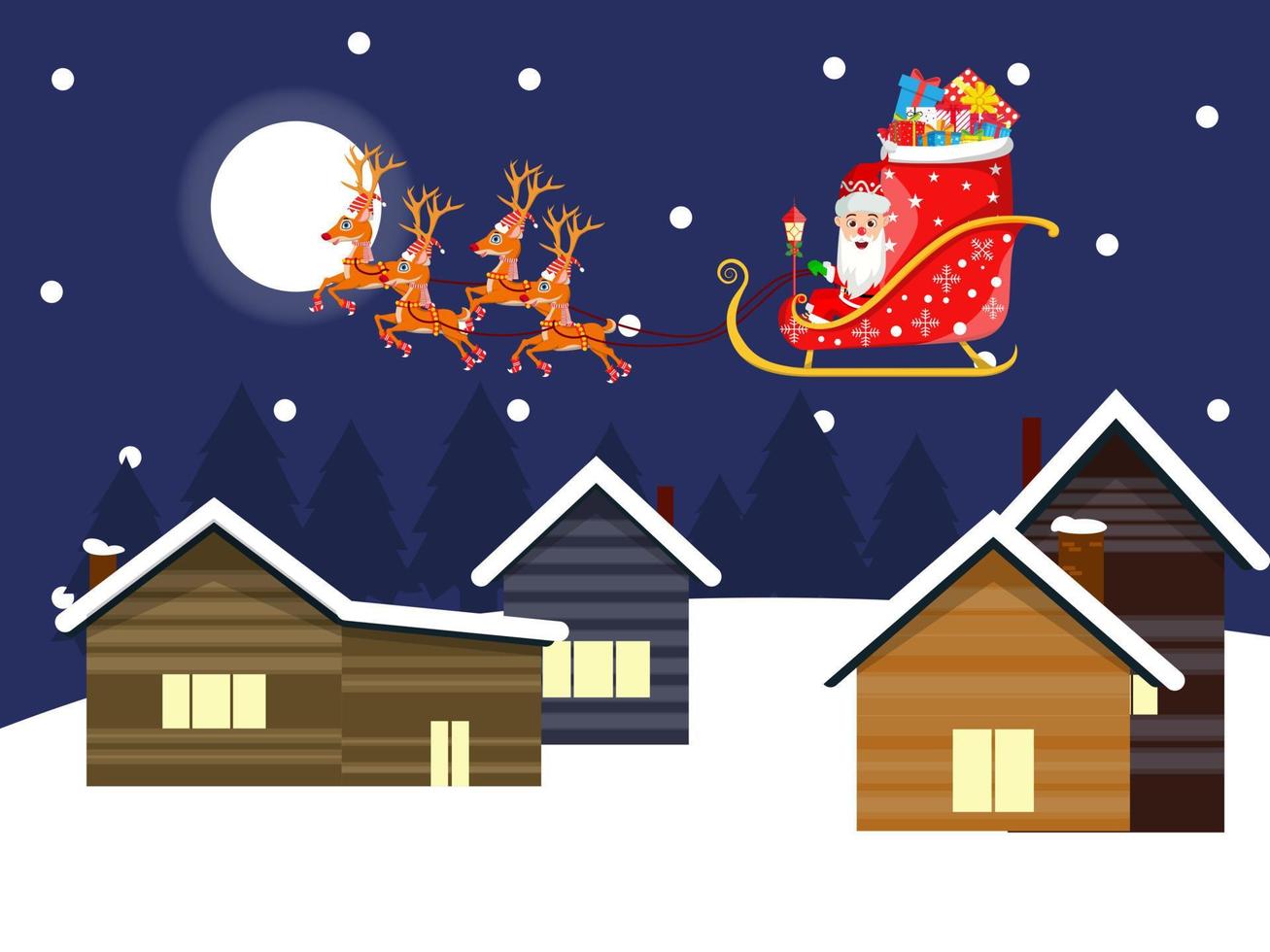 Cute beautiful Santa Clause character  flying on sky up on houses with sleigh with reindeer with gift boxes night background with trees snow falling vector