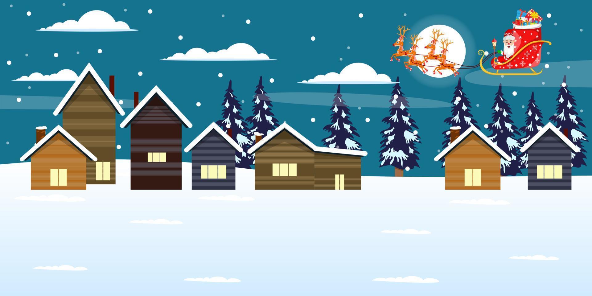 Cute beautiful Santa Clause character  flying on sky up on houses with sleigh with reindeer with gift boxes night background with trees snow falling isolated vector