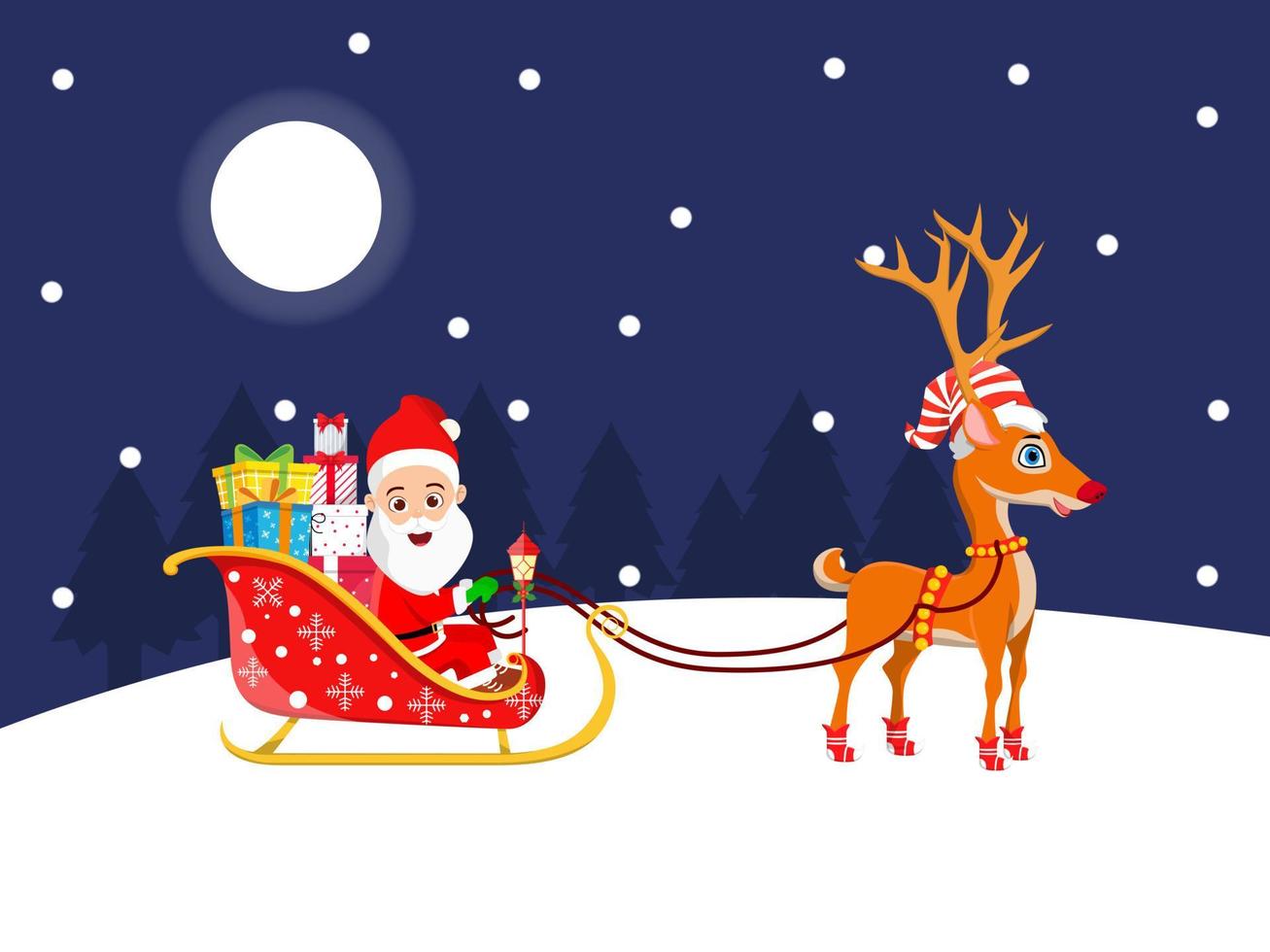 Cute beautiful Santa Clause character  standing with sleigh with reindeer on snow field night background with moon trees night sky snow falling with gift boxes vector