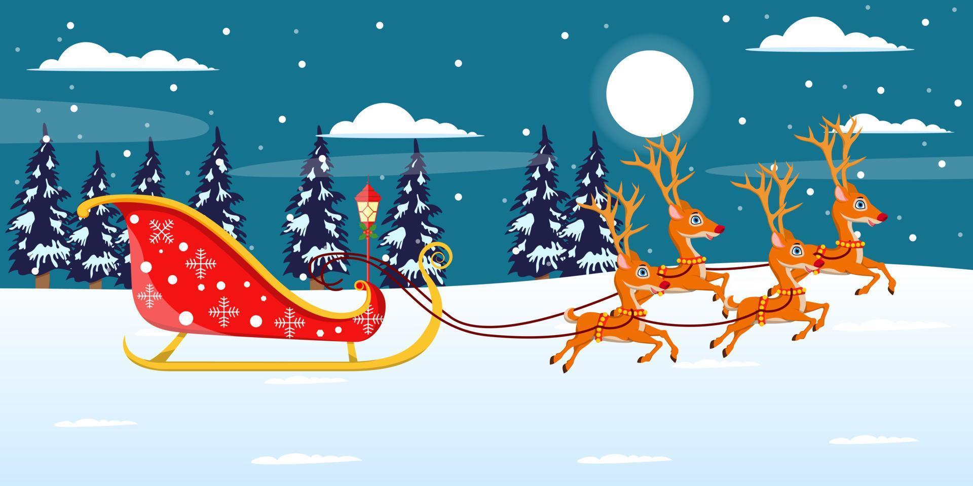 Cute beautiful Santa Clause empty sleigh running with reindeer on snow field night background with moon trees night sky snow falling vector