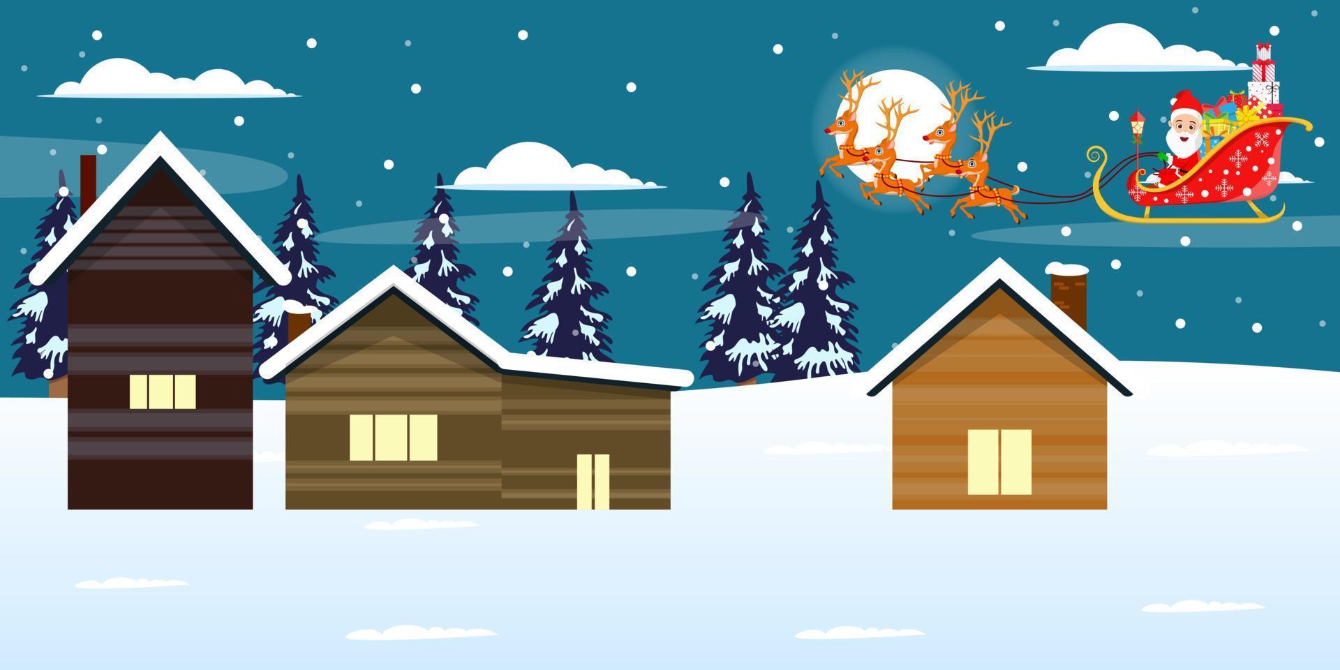 Cute beautiful Santa Clause character  flying on sky up on houses with sleigh with reindeer with gift boxes night background with trees snow falling with moon vector
