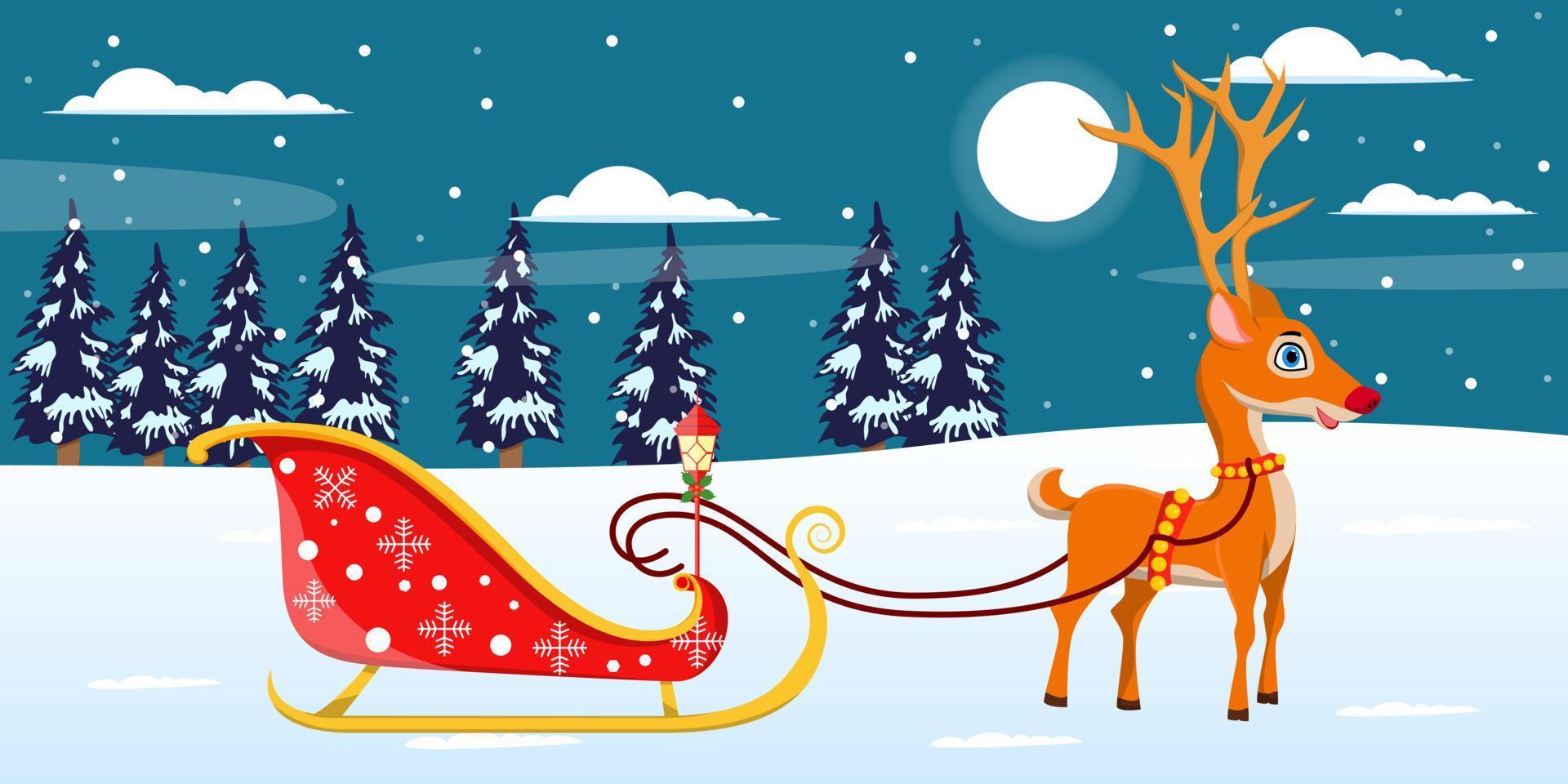 Cute beautiful Santa Clause sleigh standing with reindeer on snow field night background with moon trees night sky snow falling vector