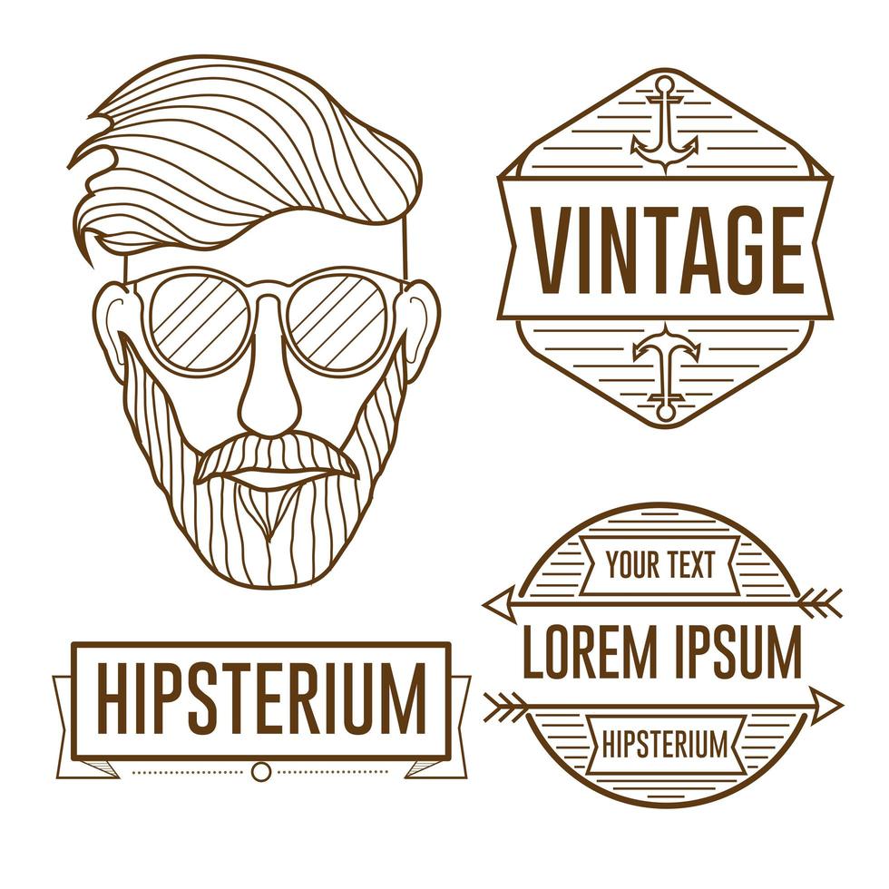 Ilustración de hombre estilo hipster lineal e insignias vintage vector