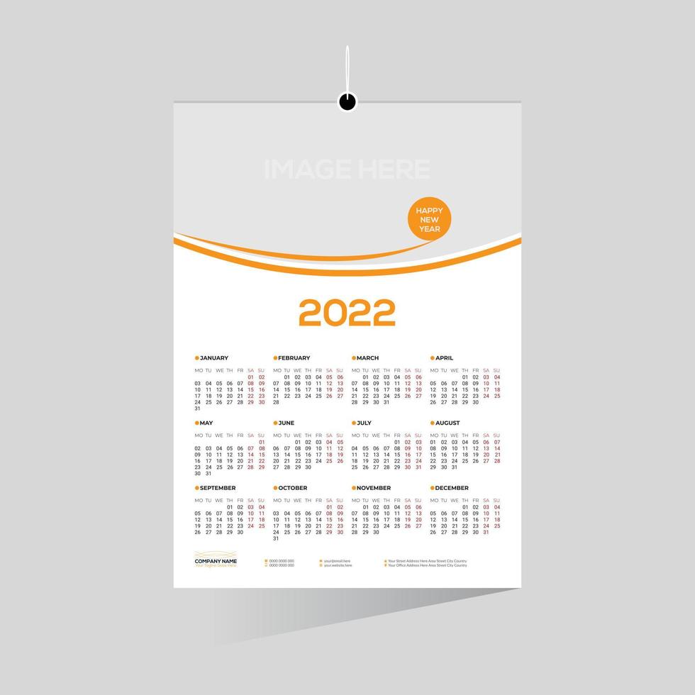 Calendario de pared de color naranja de 12 meses 2022 vector