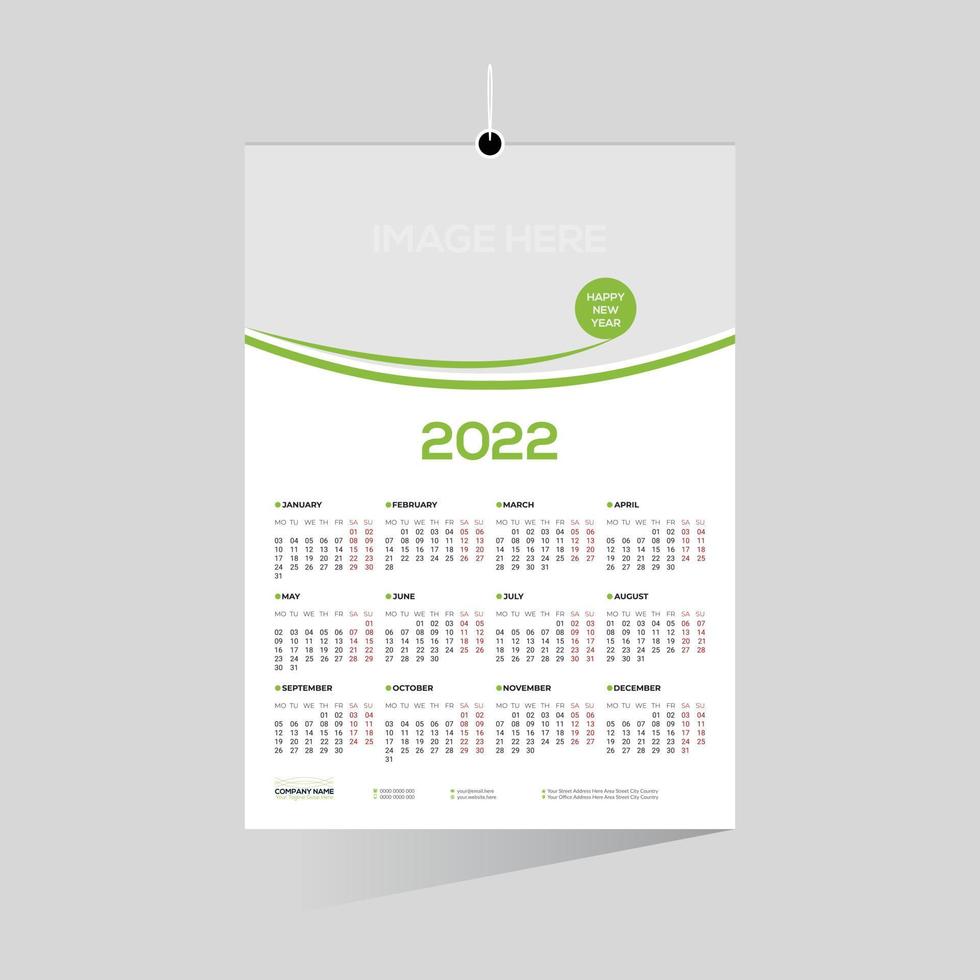 green colored 12 month 2022 wall calendar vector