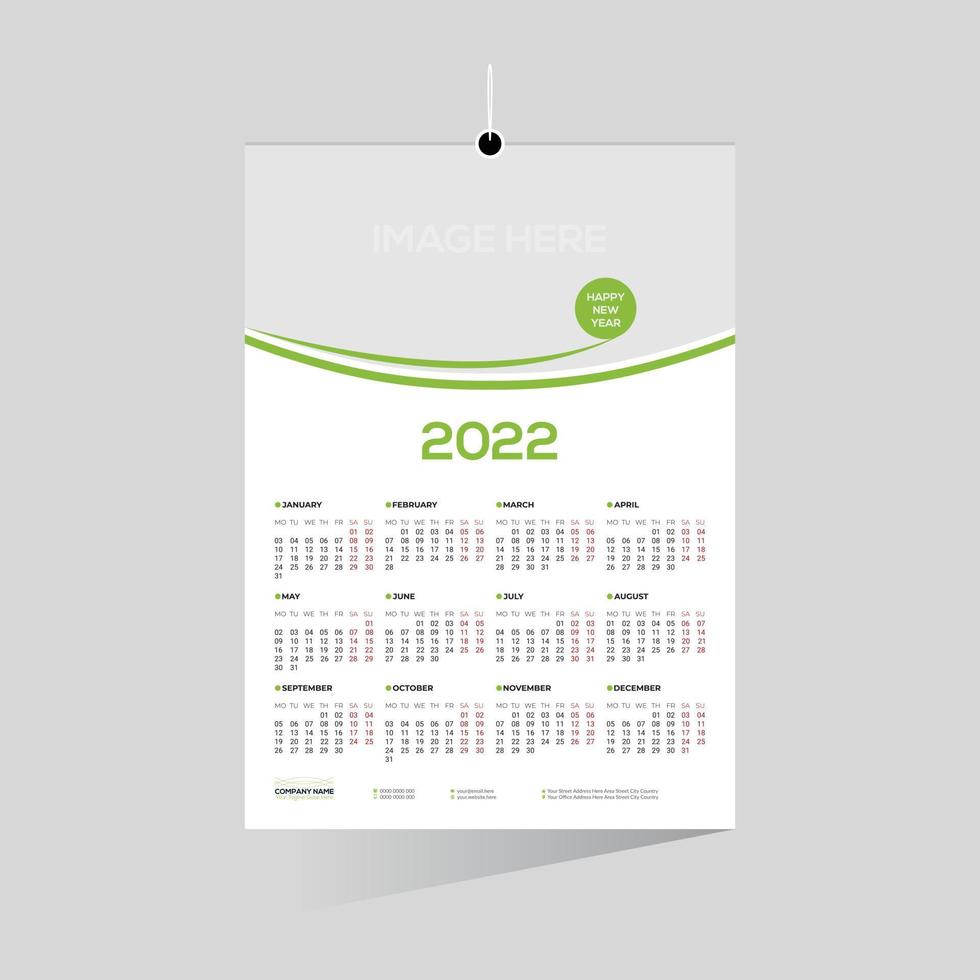 Calendario de pared de color verde de 12 meses 2022 vector