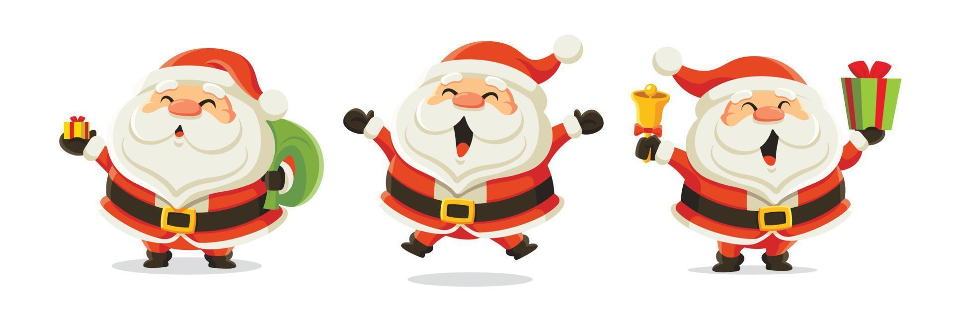 Set of cartoon Santa Claus. Happy Santa carrying Christmas gift bag,  holding bell and Christmas present, jumping excitedly with open arm. Funny  and cute character Santa Claus for Christmas event 4464330 Vector