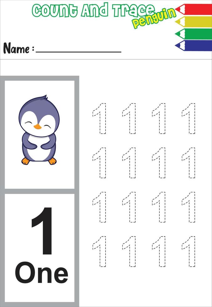 number trace and color penguin. cute animal. cartoon animal. vector